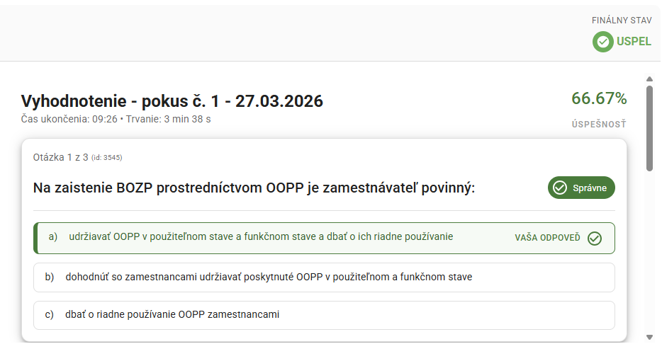 Ukážka vyhodnotenia testu v module Testy